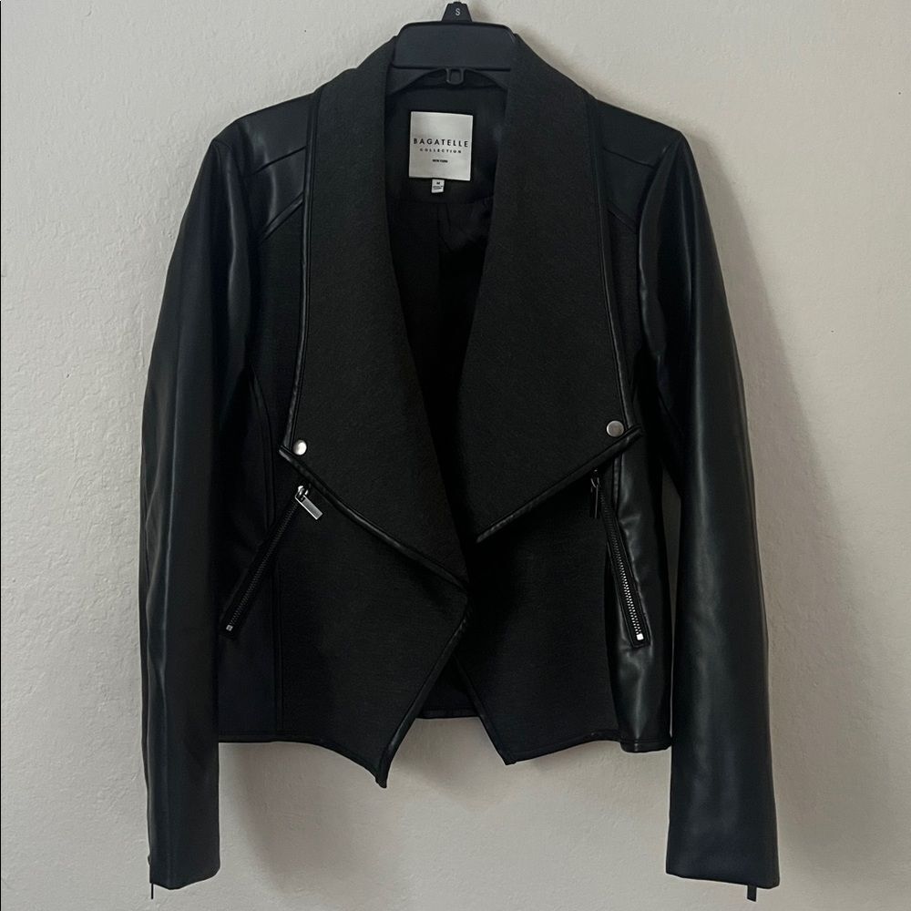Bagatelle Women's Drape Faux leather Mixed Media Moto Jacket in Size M